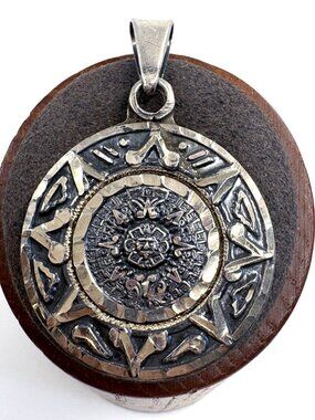 VTG Solid Sterling Silver 925 Aztec Calendar Design Pendant Size 1.75" Length
